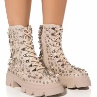 AZALEA WANG ALASKA FLATFORM RHINESTONE PEARL BOOTIE IN BONE