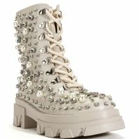 AZALEA WANG ALASKA FLATFORM RHINESTONE PEARL BOOTIE IN BONE -Sewing Down South shop azalea wang alaska flatform rhinestone pearl bootie in bone bone 3 3