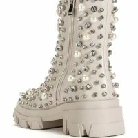 AZALEA WANG ALASKA FLATFORM RHINESTONE PEARL BOOTIE IN BONE -Sewing Down South shop azalea wang alaska flatform rhinestone pearl bootie in bone bone 4 4