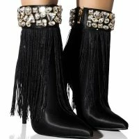 AZALEA WANG AVERI EMBELLISHED FRINGE BOOTIE IN BLACK