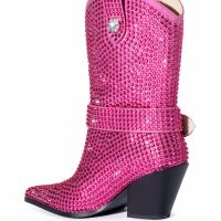 AZALEA WANG BIG SLAY RHINESTONE EMBELLISHED WESTERN BOOTIE IN PINK -Sewing Down South shop azalea wang big slay rhinestone embellished western bootie in pink pink 4 4
