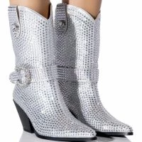 AZALEA WANG BIG SLAY RHINESTONE EMBELLISHED WESTERN BOOTIE IN SILVER