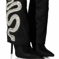 AZALEA WANG BOLD BLING RHINESTONE SNAKE FOLD OVER BOOTIE IN BLACK