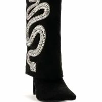 AZALEA WANG BOLD BLING RHINESTONE SNAKE FOLD OVER BOOTIE IN BLACK -Sewing Down South shop azalea wang bold bling rhinestone snake fold over bootie in black black 3 3