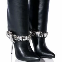 AZALEA WANG BRIAR FOLD OVER RHINESTONE GEM STILETTO BOOTIE IN BLACK