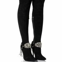 AZALEA WANG CAESAR KNEE HIGH RHINESTONE FRINGE BOOT IN BLACK