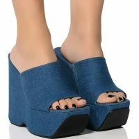 AZALEA WANG DAIANE SLIP ON WEDGE SANDAL IN DENIM
