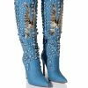 AZALEA WANG DENIM AND DIAMONDS KNEE HIGH STILETTO WESTERN BOOT IN DENIM