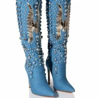 AZALEA WANG DENIM AND DIAMONDS KNEE HIGH STILETTO WESTERN BOOT IN DENIM
