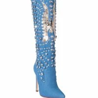 AZALEA WANG DENIM AND DIAMONDS KNEE HIGH STILETTO WESTERN BOOT IN DENIM -Sewing Down South shop azalea wang denim and diamonds knee high stiletto western boot in denim denim 3 3