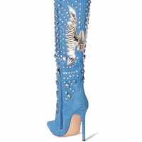 AZALEA WANG DENIM AND DIAMONDS KNEE HIGH STILETTO WESTERN BOOT IN DENIM -Sewing Down South shop azalea wang denim and diamonds knee high stiletto western boot in denim denim 4 4