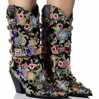 AZALEA WANG DILIGENT GEM EMBELLISHED BROCADE WESTERN BOOTIE IN BLACK