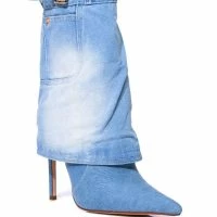 AZALEA WANG DOUBLE DOWN DENIM FOLD OVER STILETTO BOOTIE -Sewing Down South shop azalea wang double down denim fold over stiletto bootie denim 3 3