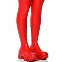 AZALEA WANG FAVORED PU THIGH HIGH BOOT WITH 4 WAY STRETCH IN RED