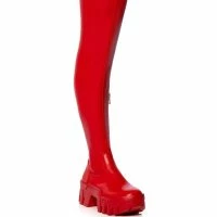 AZALEA WANG FAVORED PU THIGH HIGH BOOT WITH 4 WAY STRETCH IN RED -Sewing Down South shop azalea wang favored stretch pu thigh high boot in red red 3 3