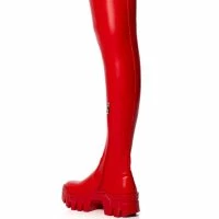 AZALEA WANG FAVORED PU THIGH HIGH BOOT WITH 4 WAY STRETCH IN RED -Sewing Down South shop azalea wang favored stretch pu thigh high boot in red red 4 4