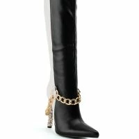 AZALEA WANG HYPE ME UP KNEE HIGH CHAIN BOOT IN BLACK WHITE -Sewing Down South shop azalea wang hype me up knee high chain boot in black white black white 3 3