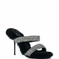 AZALEA WANG KAE EMBELLISHED FAUX FUR STILETTO SANDAL IN BLACK -Sewing Down South shop azalea wang kae embellished faux fur stiletto sandal in black black 3 3