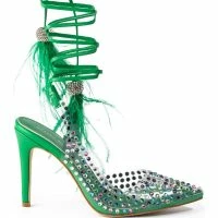 AZALEA WANG LOVE YOU SO EMBELLISHED FEATHER TRIM PVC PUMP IN GREEN -Sewing Down South shop azalea wang love you so embellished feather trim pvc pump in green green 2 2