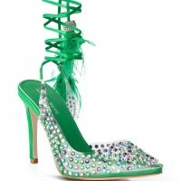 AZALEA WANG LOVE YOU SO EMBELLISHED FEATHER TRIM PVC PUMP IN GREEN -Sewing Down South shop azalea wang love you so embellished feather trim pvc pump in green green 3 3