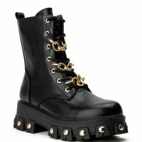 AZALEA WANG MAKE YOUR MARK CHAIN LACE UP FLATFORM BOOTIE IN BLACK -Sewing Down South shop azalea wang make your mark chain lace up flatform bootie in black black 3 3