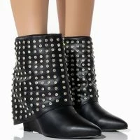 AZALEA WANG MARINA RHINESTONE STUDDED FOLD OVER WEDGE BOOTIE IN BLACK