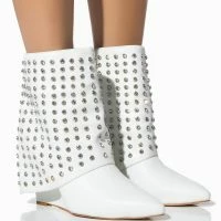 AZALEA WANG MARINA RHINESTONE STUDDED FOLD OVER WEDGE BOOTIE IN WHITE