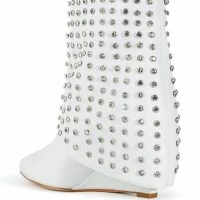 AZALEA WANG MARINA RHINESTONE STUDDED FOLD OVER WEDGE BOOTIE IN WHITE -Sewing Down South shop azalea wang marina rhinestone studded fold over wedge bootie in white white 4 4