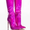 AZALEA WANG DON'T WANNA FALL IN LOVE HOLOGRAPHIC STILETTO BOOT IN PINK