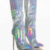 AZALEA WANG DONT WANNA FALL IN LOVE HOLOGRAPHIC STILETTO BOOT IN SILVER