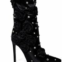 AZALEA WANG PATTI EMBELLISHED SATIN BOOT IN BLACK -Sewing Down South shop azalea wang patti embellished satin boot in black black 5 5