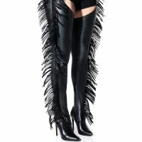AZALEA WANG RIDE AT DAWN BELTED THIGH HIGH STILETTO FRINGE CHAP BOOT WITH 4 WAY STRETCH
