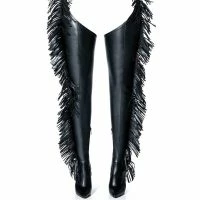 AZALEA WANG RIDE AT DAWN BELTED THIGH HIGH STILETTO FRINGE CHAP BOOT WITH 4 WAY STRETCH -Sewing Down South shop azalea wang ride at dawn belted thigh high stiletto fringe chap boot black 3 3