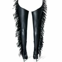 AZALEA WANG RIDE AT DAWN BELTED THIGH HIGH STILETTO FRINGE CHAP BOOT WITH 4 WAY STRETCH -Sewing Down South shop azalea wang ride at dawn belted thigh high stiletto fringe chap boot black 4 4