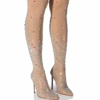 AZALEA WANG ROXY RHINESTONE THIGH HIGH STILETTO BOOT IN NUDE