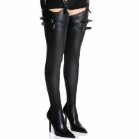 AZALEA WANG SEXY BELTED STRETCH PU STILETTO BOOT WITH 4 WAY STRETCH IN BLACK