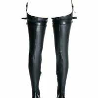 AZALEA WANG SEXY BELTED STRETCH PU STILETTO BOOT WITH 4 WAY STRETCH IN BLACK -Sewing Down South shop azalea wang sexy belted stretch pu stiletto boot in black black 4 4