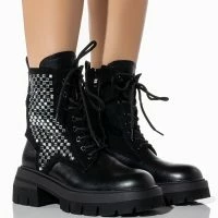 AZALEA WANG SHE'S THRIVING FLATFORM BLING COMBAT BOOT IN BLACK