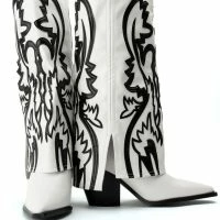 AZALEA WANG SIMPLY BELOW THE KNEE WESTERN BOOTIE IN WHITE BLACK -Sewing Down South shop azalea wang simply below the knee western bootie in white black black white 5 5