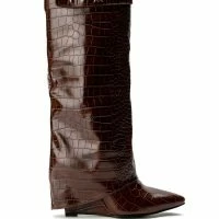 AZALEA WANG STUCK ON YOU FOLD OVER WEDGE BOOT IN BROWN CROC