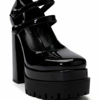 AZALEA WANG TATE PATENT CHUNKY PUMP -Sewing Down South shop azalea wang tate patent chunky pump black 3 3 c1