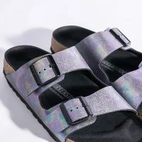 BIRKENSTOCK NARROW FIT ARIZONA VEGAN IRIDESCENT MICROFIBER SANDAL -Sewing Down South shop birkenstock arizona vegan iridescent microfiber sandal black multi 6 6