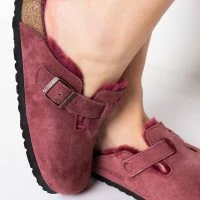 BIRKENSTOCK BOSTON SHEARLING SANDAL IN MAROON -Sewing Down South shop birkenstock boston shearling sandal in maroon burgundy 5 5