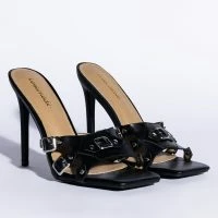 BUCKLE UP STILETTO MULE SANDAL IN BLACK -Sewing Down South shop buckle up stiletto mule sandal in black black 4 4