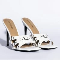 BUCKLE UP STILETTO MULE SANDAL IN WHITE -Sewing Down South shop buckle up stiletto mule sandal in white white 4 4