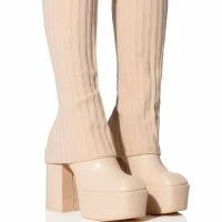 EXACTLY SIS KNIT FOLD OVER CHUNKY HEEL PLATFORM BOOT IN NUDE