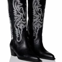 GENUINE LEATHER IGGY METALLIC WESTERN STYLE BELOW THE KNEE BOOT IN BLACK