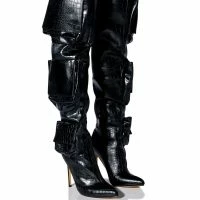 LEVEL UP OVER THE KNEE CROC STILETTO CARGO BOOT IN BLACK