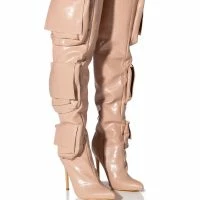 LEVEL UP OVER THE KNEE CROC STILETTO CARGO BOOT IN NUDE