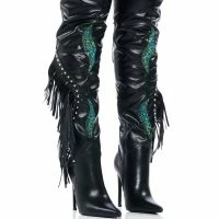 NEXT UP RHINESTONE OVER THE KNEE STILETTO BOOT WITH FRINGE IN BLACK